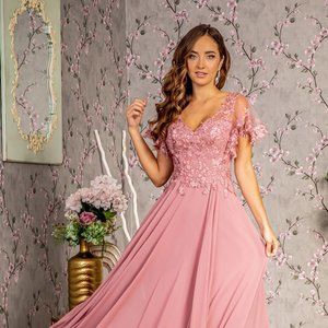 NEW A-LINE FORMAL FLORAL EMBELLISHED DRESS WITH SHORT SLEEVES AND V-NECK GL3352